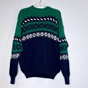 GAP VTG Cotton Mens Fair Isle Sweater LG Green Navy Mock Neck Preppy Heavyweight